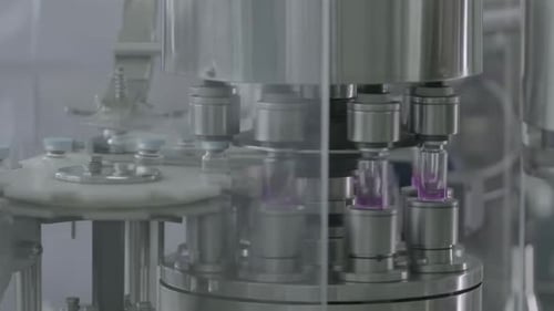 Technologie moderne, flacons en verre remplis de liquide médical selon une production automatisée