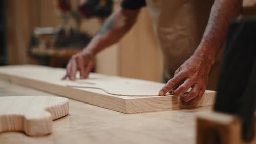 Luthier Carefully Placing a Guitar Body Template on a Wooden Plank in His Workshop