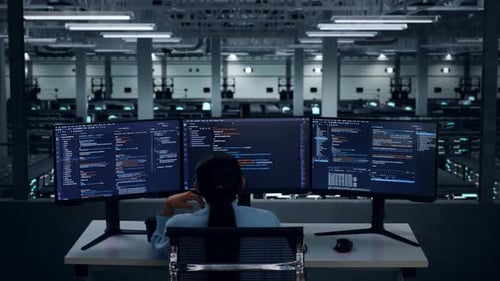Back View Of Bored Asian Woman Developer Write Code In Data Center