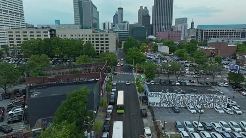 City Skyline In Downtown Atlanta, Georgia, United States. Aerial Drone Shot