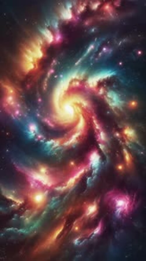 Tourbillon cosmique coloré dans un vaste univers avec des étoiles brillantes et des galaxies
