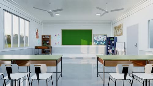 Animación: aula vacía de escuela o universidad con pizarra grande
