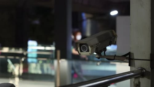 Outdoor Security Surveillance Camera in the City Modern City the Camera Films the Offense Compliance