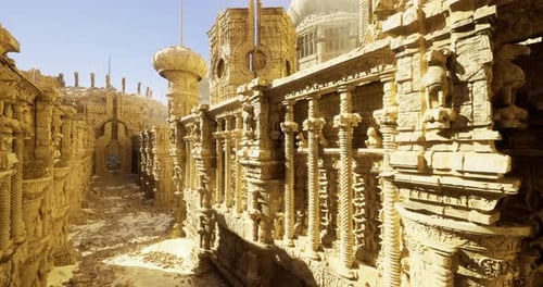 Ancient Ruins with Intricate Carvings in a Desert Landscape at Sunset