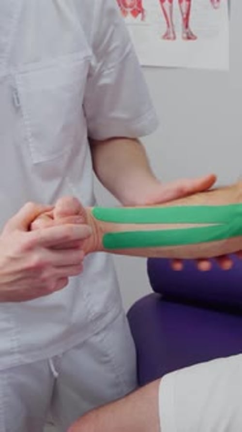 Doctor applies green tape on patient's arm