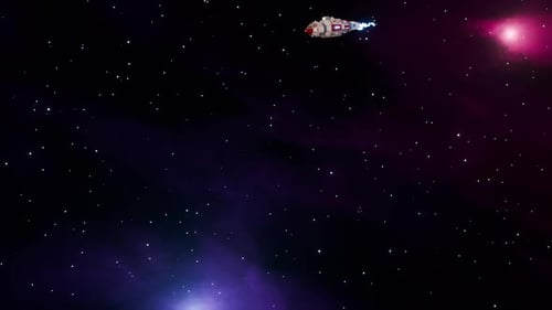 Spaceship flies in space. The space shuttle makes a sharp turn in outer space