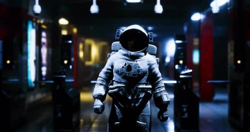 Astronaut Standing in a Futuristic Subway Station at Night