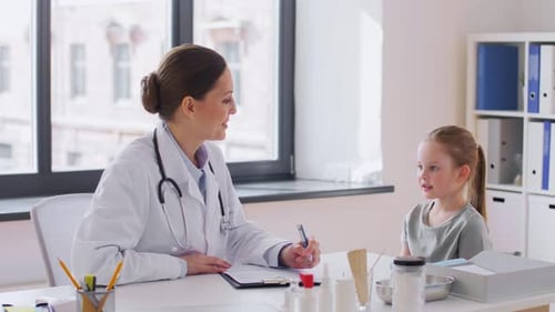 Medicine, Healthcare, Pediatry and People Concept - Female Doctor or Pediatrician Talking