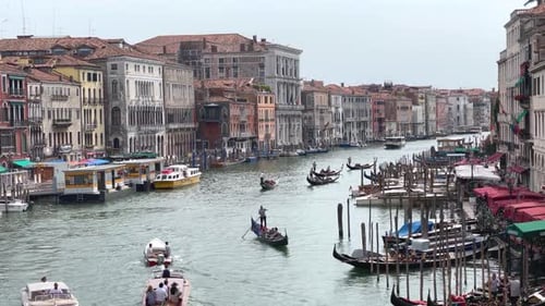 Venice Grand Canal, Gondolas and Boats Sailing, View From Rialto Bridge