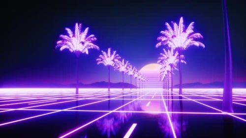 Neon Glowing Palm Trees And Road Synthwave Loop