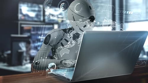 Robot Using Laptop with Hologram Showing Global Connection and Data Analysis