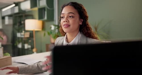 Planning, computer and thinking with business woman in office for financial advisor