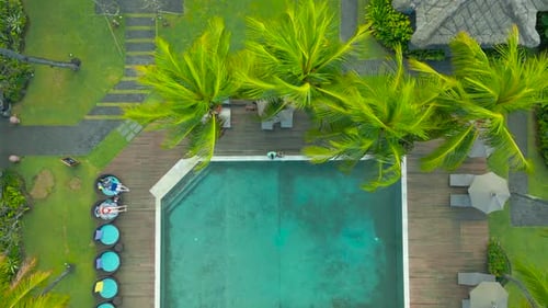 A Couple Standing By the Pool and Enjoys Relaxing in a Villa Around Palm Trees and Sea View on a