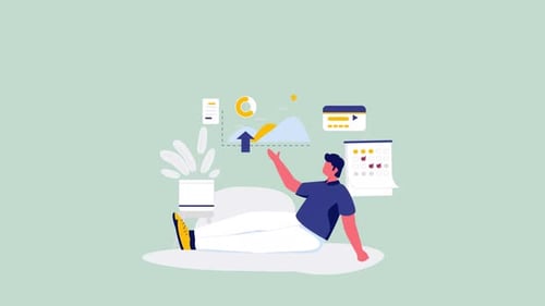 Flat Design Animation of a Person Interacting with Business Data