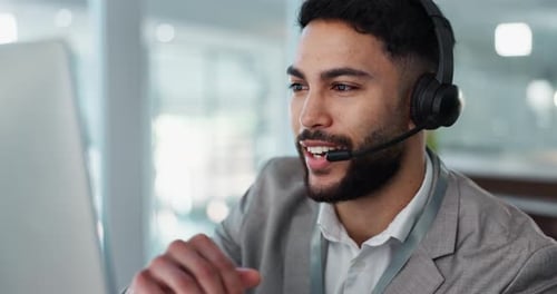Businessman, face and consulting in call center, customer service or telemarketing at office