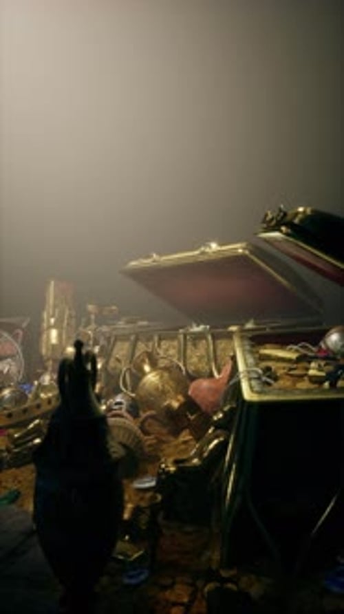 Opening Treasure Chest Revealing Gold Coins and Ancient Artifacts