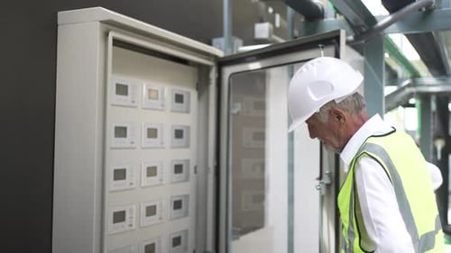 Engineer is working on the control room of high rise building.