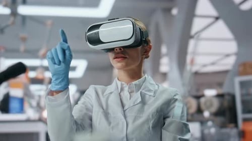 Glasses Scientist Using Virtual Reality Working at Science in Laboratory Closeup