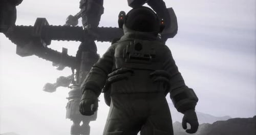 Astronaut Exploring Mars Landscape Near Mysterious Structure During Twilight