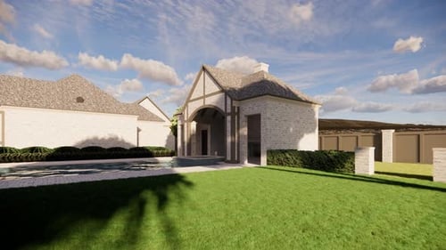 Elegant new home design showcase with lush green lawn under a bright blue sky day