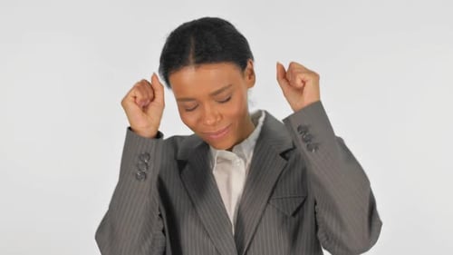 Woman Pumping Fists in Celebration on White Background