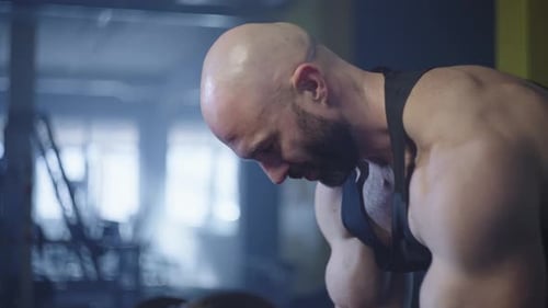 Closeup of Muscular Arms of an Athlete Training with Dumbbells in the Gym