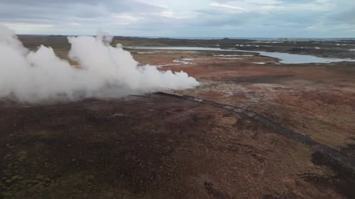 Aerial View Of Namafjall Geothermal Area With Smoking Fumaroles Iceland
