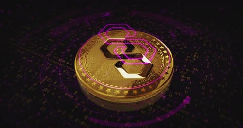 Boucle dorée de cryptomonnaie Polygon Matic sur écran numérique