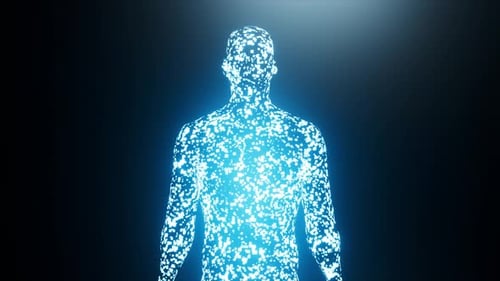 Digital Human Body Scan Reveal with Blue Particle Effect