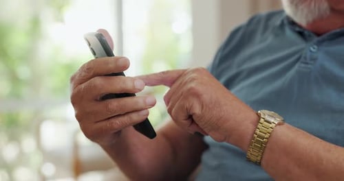 Home, hands and old man with smartphone, typing and internet with connection