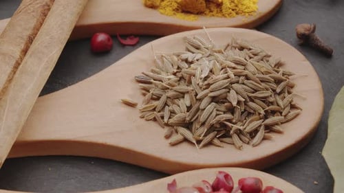 Various types of spices on wooden spoons close up.