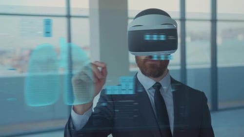 Man in VR Headset Interacting with Digital Interface