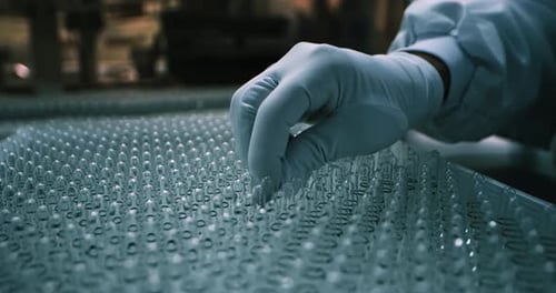 Gloved hand inspecting glass vials