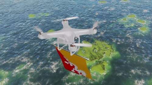 Le Drone volant avec le drapeau du Bhoutan au-dessus de la mer
