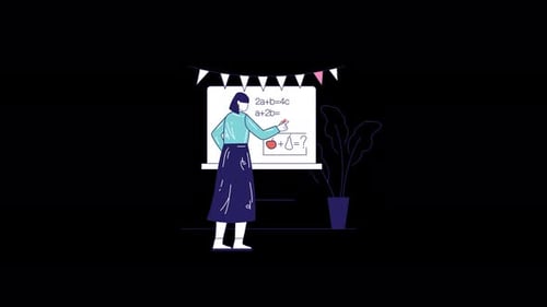 Female teacher presenting math on a blackboard in a classroom setting.