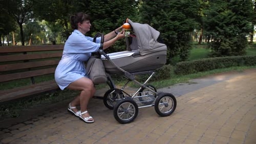 Woman Adjusting Toys in Baby Stroller in Park