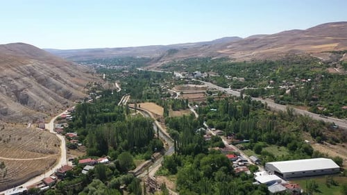 Aerial View Of Sivas Gurun District Center Trees Hills And Creek Bed