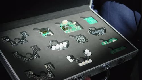 Ingénieur Ouvrant Une Valise En Métal Présentant Les Médias Des Composants Électroniques