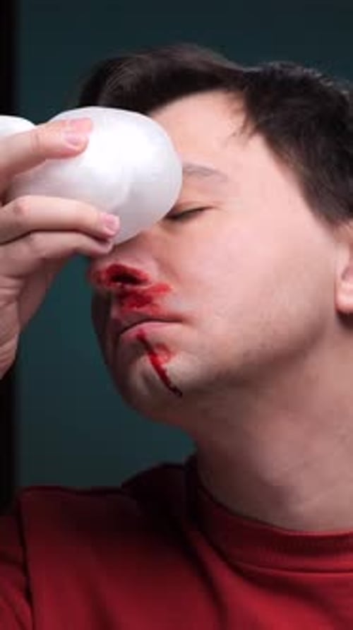 Adult Male Holds Compress to Bloody Nose