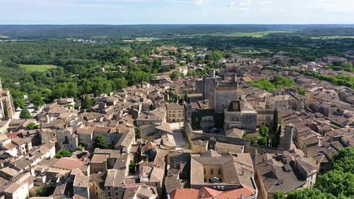 View of beautiful town of Uzes, Gard department, France. Aerial view of the historic town of Uzes