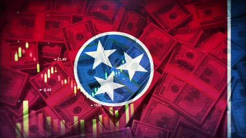 Tennessee Flag On Economic Background With Decrease Bar Chart Graph And Arrow
