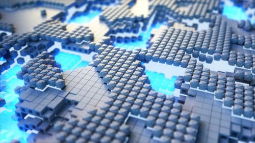 3D-Animation einer digitalen Stadtlandschaft mit leuchtend blauen Energieströmen durch ein Techgrid