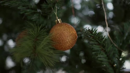 Festive Gold Bauble Hanging on a Christmas Tree