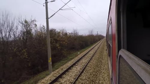Blick aus einem fahrenden Zug an einem bewölkten Februartag