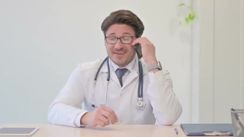Middle Aged Doctor Talking on Phone in Clinic