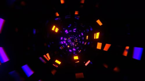Violette und orange Neonquadrate, die im Tunnelhintergrund schweben, VJ Loop In 4K