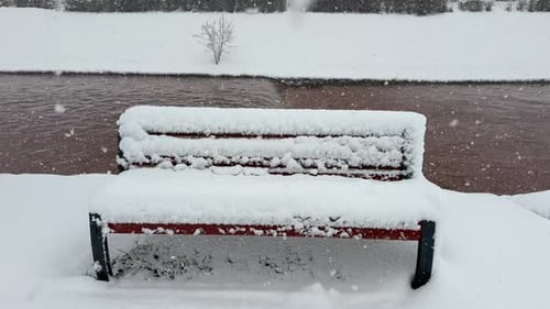 Snow covered park bench during winter snowfall