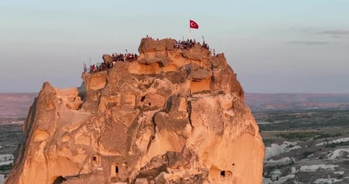 Aerial View of Natural Rock Formations in the Sunset Valley with Cave Houses in Cappadocia Turkey