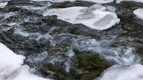 Gros plan d'une rivière au courant rapide qui traverse des rochers recouverts de neige et de glace au début du printemps. Islande.