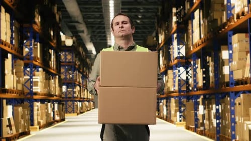 Arbeiter, der Waren in Pappkartons zur Auftragserfüllung transportiert